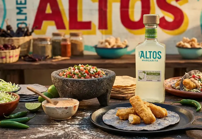 botella de altos margarita junto a tacos de pescado estilo baja, pico de gallo, col y lima sobre una mesa rustica