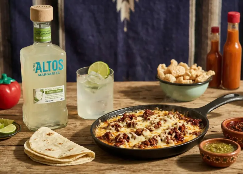 bottle of altos margarita with choriqueso, tortillas, lime, and salsa on a rustic table