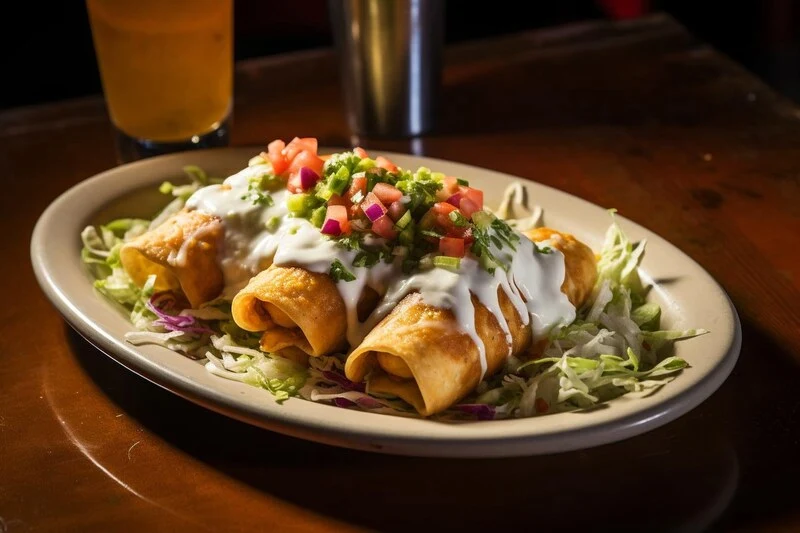 chicken flautas topped with crema, pico de gallo, and shredded lettuce on a plate