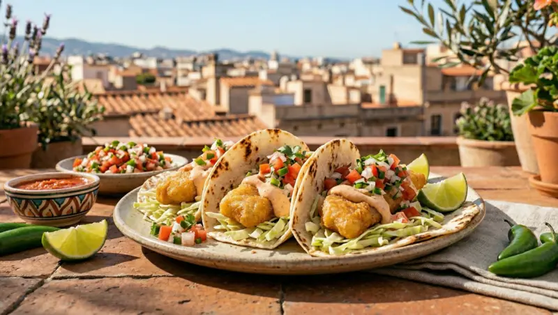 tacos de pescado estilo baja con pescado crujiente, col, pico de gallo y lima en una terraza exterior