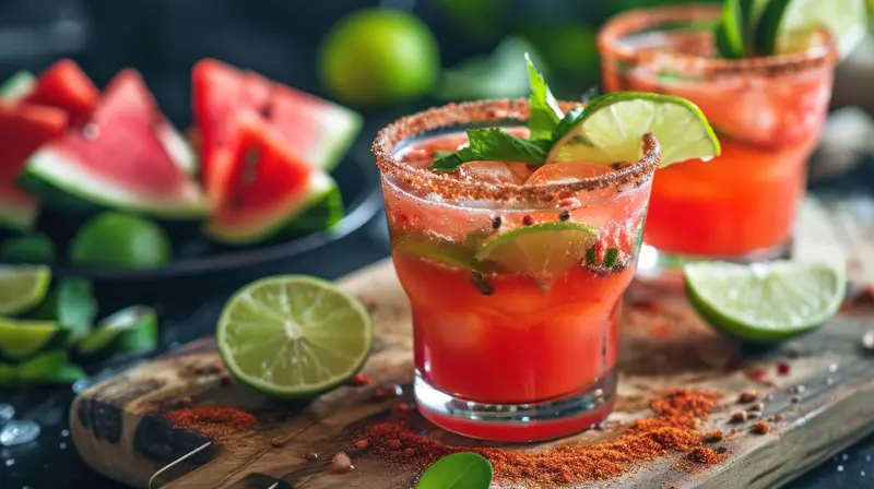 watermelon tequila cocktail with lime and chili low calorie watermelon tequila cocktail with lime wedges and chili spice on wooden board