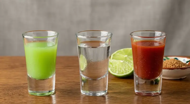 shot bandera con lima tequila y sangrita en tres vasos