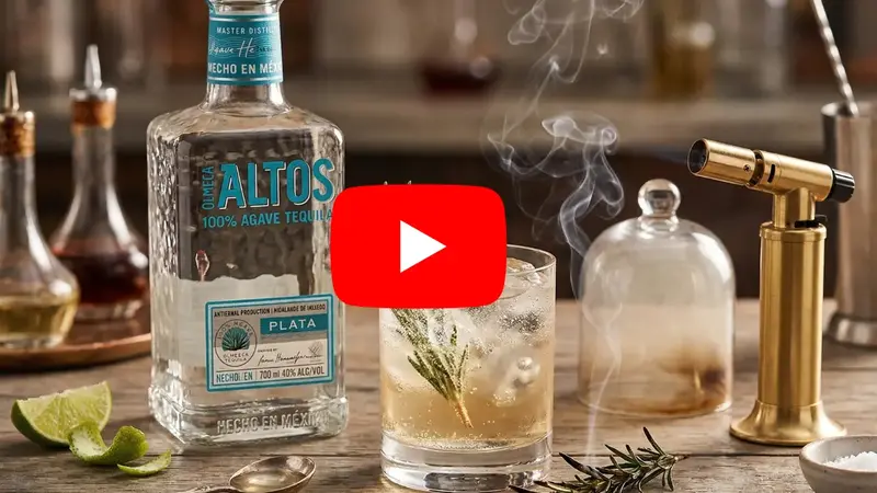 bottle of altos plata tequila beside a smoked rosemary cocktail with a cloche and smoking torch