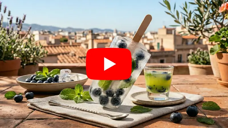 blueberry mint alcoholic ice pop with fresh blueberries and mint on an outdoor table