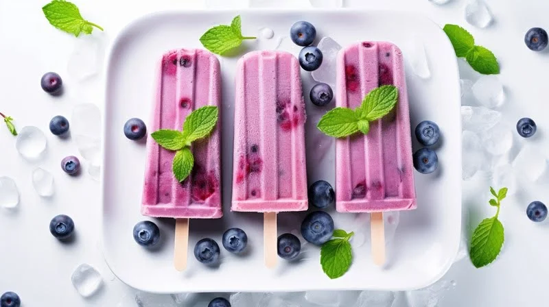 blueberry mint alcoholic ice pops on a plate with fresh blueberries, mint leaves, and ice
