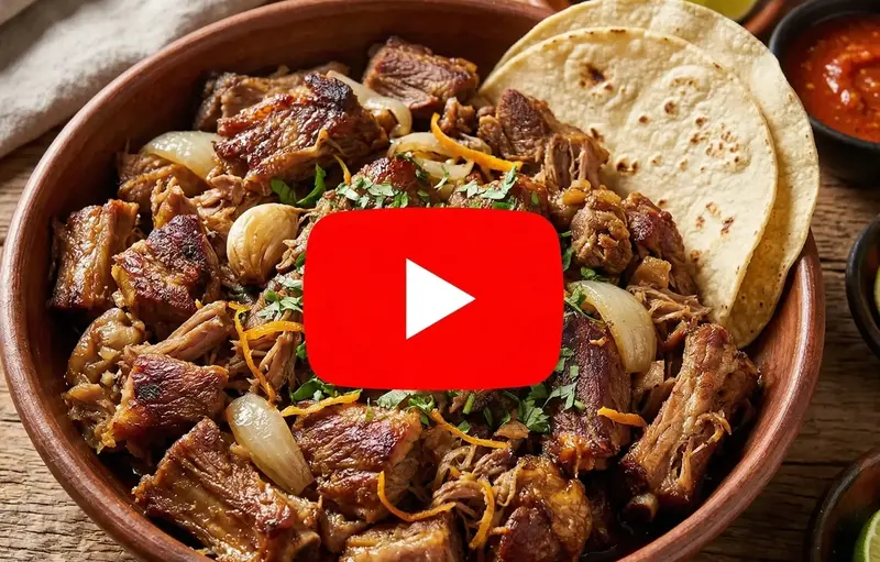 bowl de carnitas con tortillas, lima y salsa roja sobre una mesa rustica con icono de reproduccion