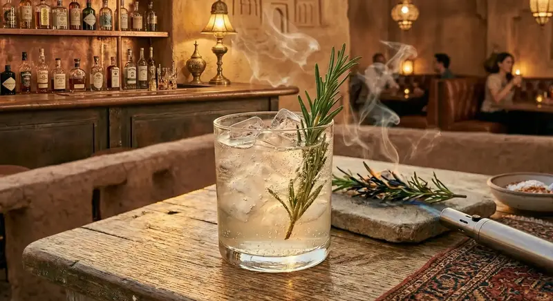 coctel smoked rosemary con tequila, romero, hielo y humo suave sobre una mesa rustica en un bar calido