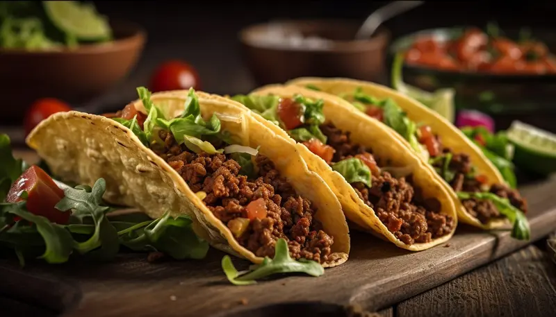 tacos con carne sazonada, lechuga y tomate sobre una tabla de madera