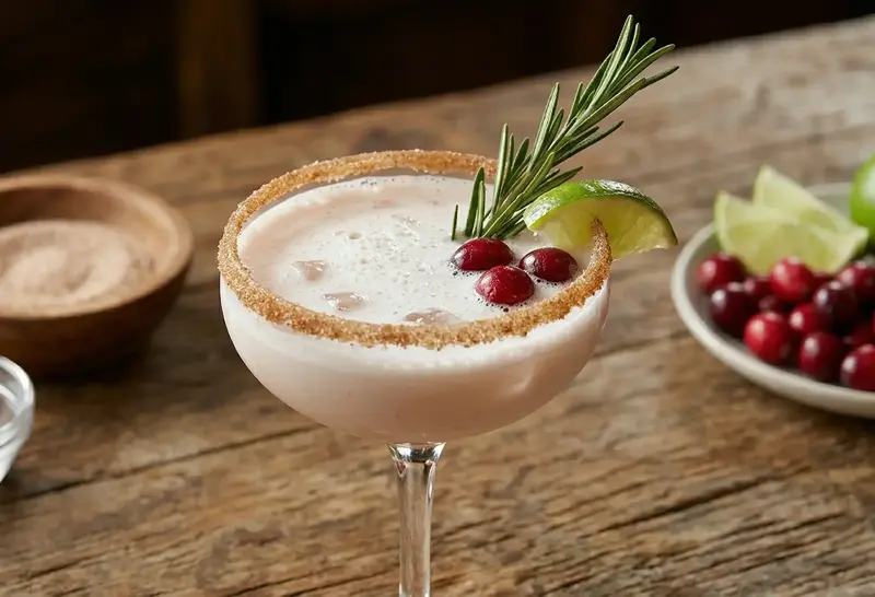 coctel cremoso con borde de azucar lima arandanos y romero en copa coupe