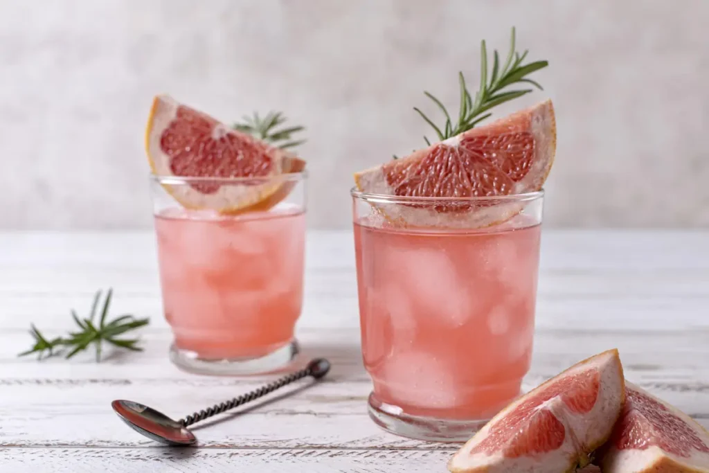 sparkling paloma con rodajas de pomelo y hierbas frescas