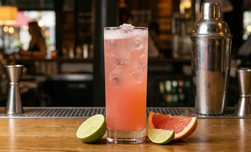 pink paloma cocktail with grapefruit and lime on a bar counter