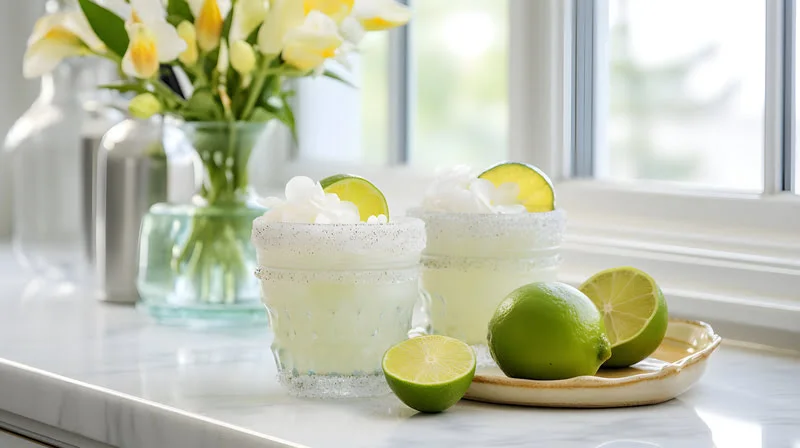 frozen limeade margarita cocktail with fresh lime and icy texture frozen limeade margarita with salt rim and fresh lime slices
