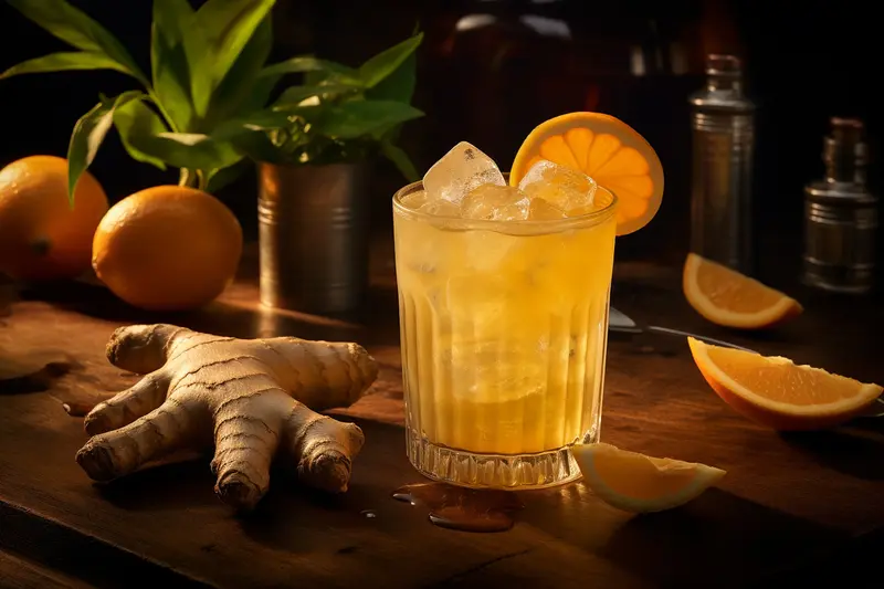 margarita de jengibre con tequila Altos, cítricos y hielo en vaso bajo sobre barra de madera