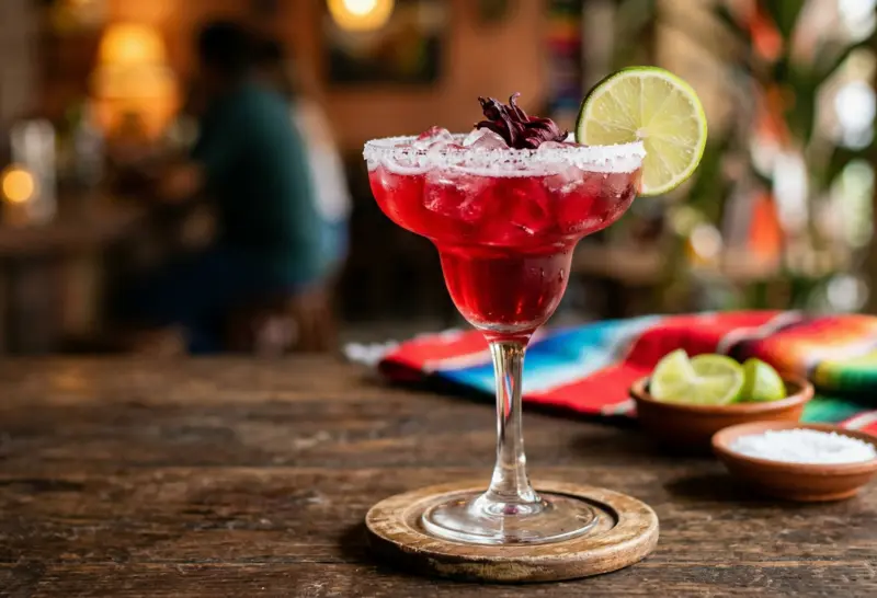 Hibiscus margarita cocktail with lime and salt rim in a bar setting

