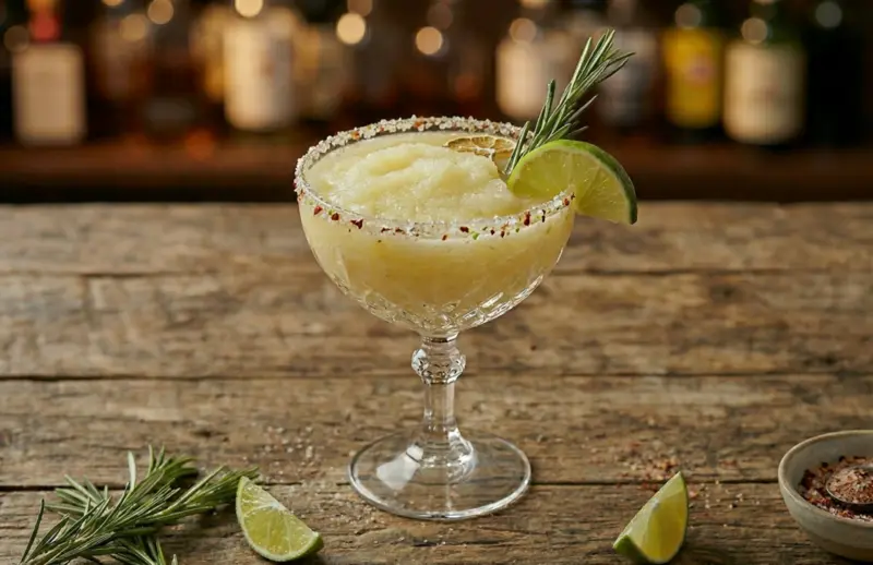 frozen pineapple margarita with lime wedge and rosemary in a salted rim glass on a wooden bar