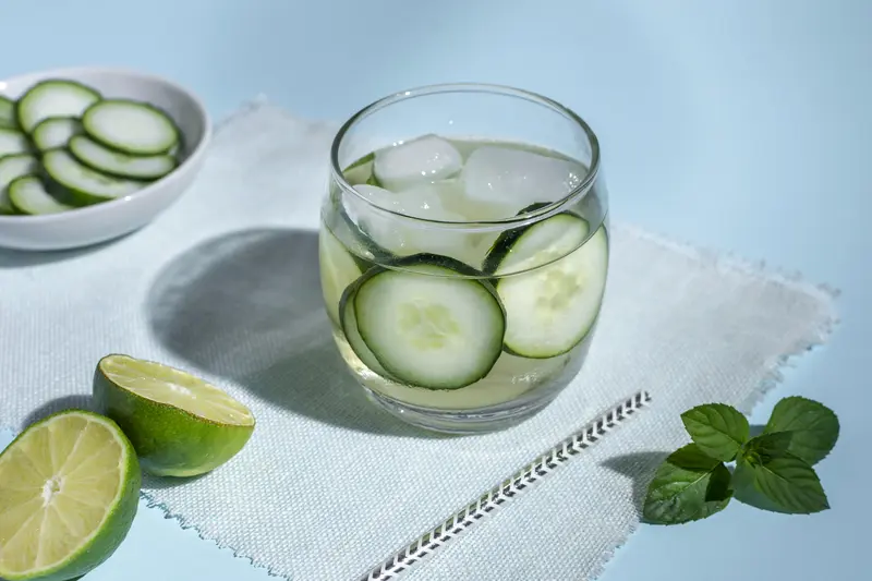 cucumber tequila cocktail with lime, mint and fresh cucumber slices in glass