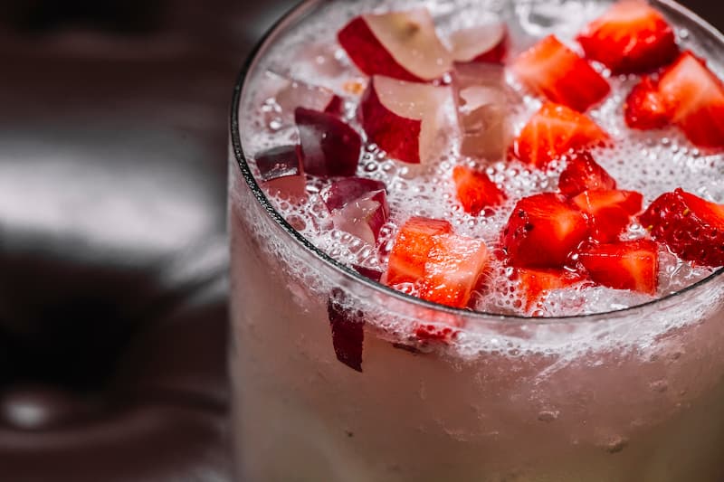Close-up of a frozen strawberry margarita. We see how a well-made frozen strawberry margarita should look.