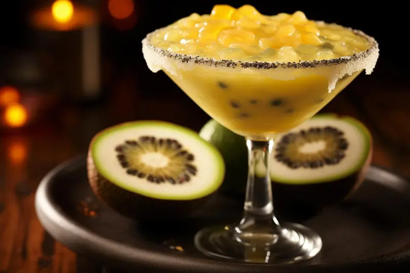 Margarita de maracuyá con borde escarchado y fruta exótica Cóctel margarita de maracuyá con borde de sal y fruta fresca