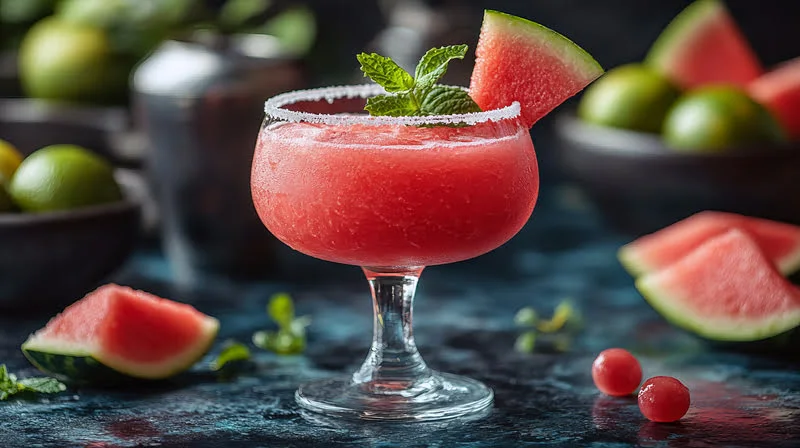frozen watermelon margarita with salt rim and fresh watermelon garnish