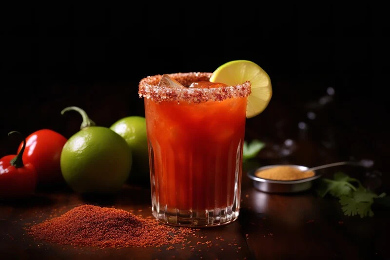 bloody mary con tequila con borde de chile, lima y especias sobre fondo oscuro