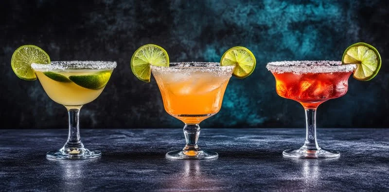 three tequila cocktails with salted rims and lime slices on a dark bar top