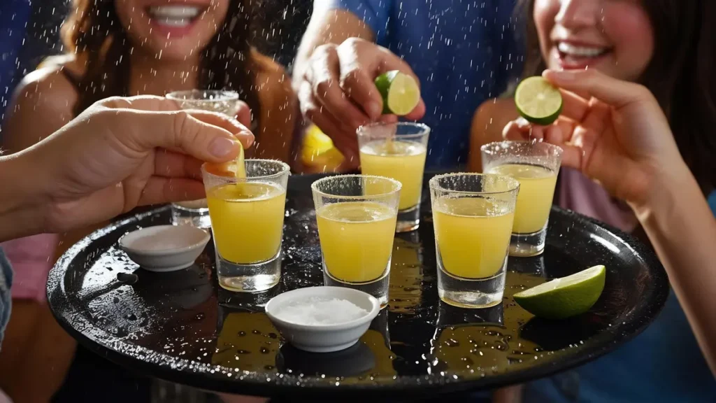 group of friends serving tequila shots with lime wedges and salt at a lively party