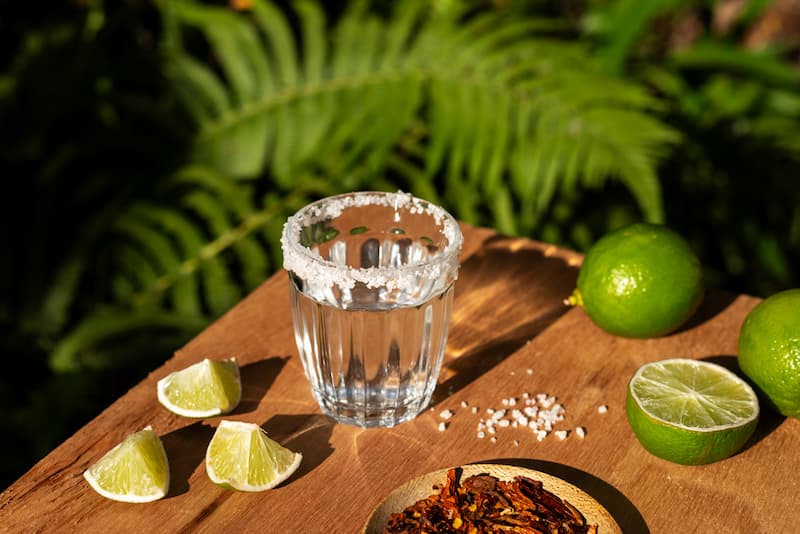 We see the preparation and ingredients of the tequila and soda cocktail, in this case with lime.