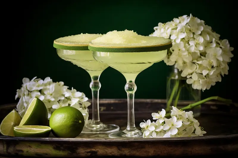 Two tequila cocktails in salt-rimmed glasses, garnished with lime slices against a dark background.

Title: