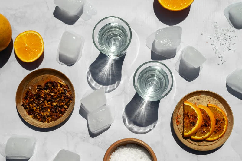 vista superior de ingredientes para cócteles con dos vasos, rodajas de naranja, cubos de hielo, sal y especias sobre una superficie clara.