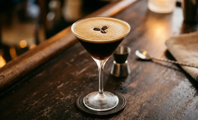 espresso martini cocktail with creamy foam and coffee beans on a wooden bar