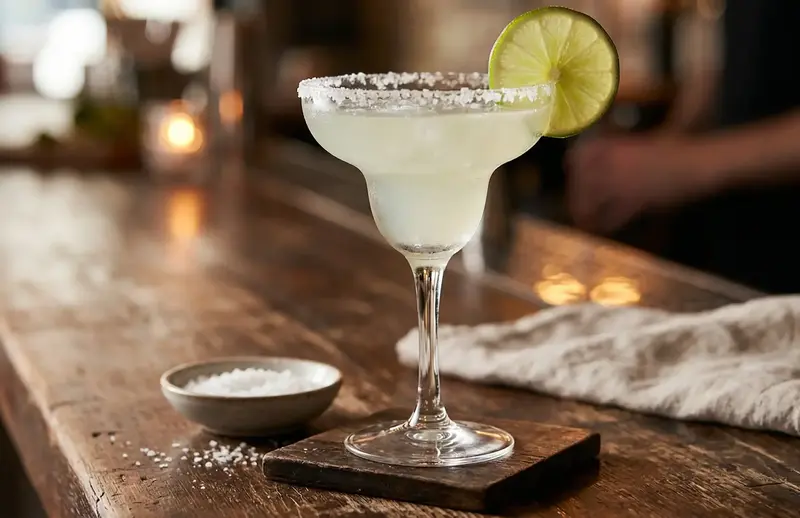 margarita de agave con lima y sal margarita de agave con borde de sal y rodaja de lima sobre barra de madera