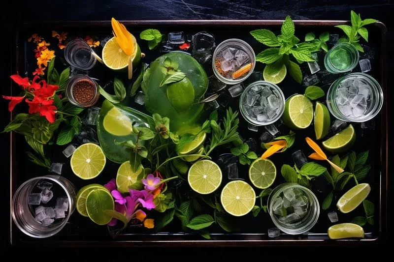 garnishes para cócteles con lima, hierbas, flores y hielo vista cenital de garnishes para cócteles con rodajas de lima, hierbas frescas, flores comestibles y hielo sobre una bandeja oscura.