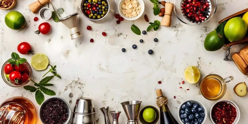 top view of cocktail garnish ingredients and bar tools, including limes, herbs, berries, spices, and jiggers on a light surface.