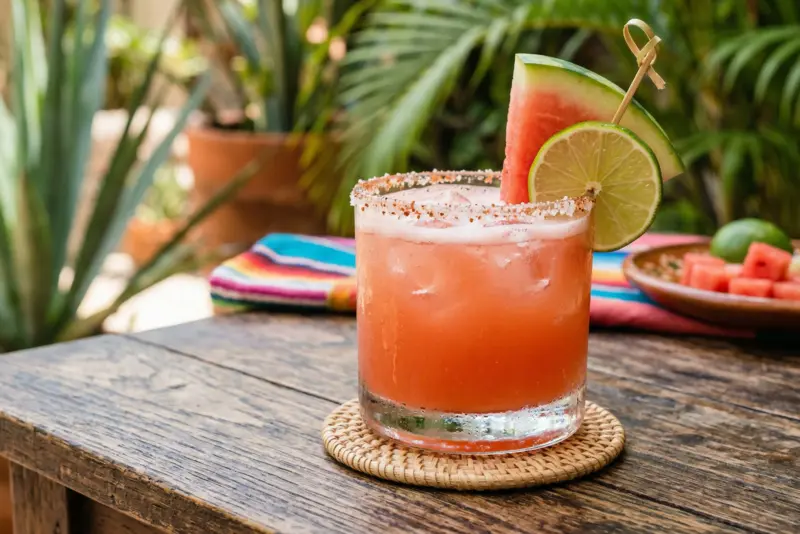 refreshing watermelon tequila cocktail with olmeca altos plata Watermelon tequila cocktail in a rocks glass with a spicy rim, garnished with a watermelon wedge and lime wheel, served outdoors on a wooden table