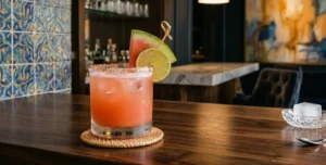 Watermelon tequila cocktail with a chili-salt rim, garnished with a watermelon wedge and lime, served on a bar counter with Talavera tile wall in the background
