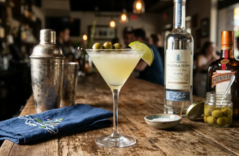 Mexican martini cocktail with tequila, lime, and olives served in a bar setting