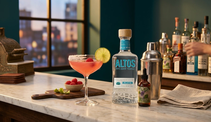 Pink margarita cocktail with Olmeca Altos Plata tequila, lime wheel and fresh raspberry garnish