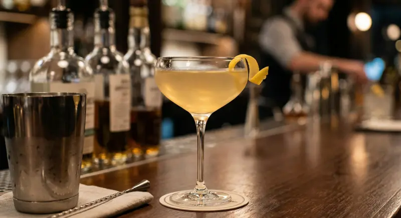 tequila white negroni served in a coupe glass with a lemon twist on a bar counter