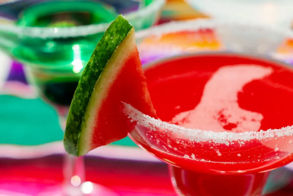 close-up of a bright red watermelon cocktail in a margarita glass with a salted rim and a fresh watermelon slice garnish.
