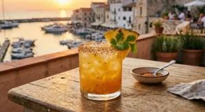 al pastor margarita with a spiced rim, crushed ice, pineapple, and cilantro on a wooden table overlooking a marina at sunset