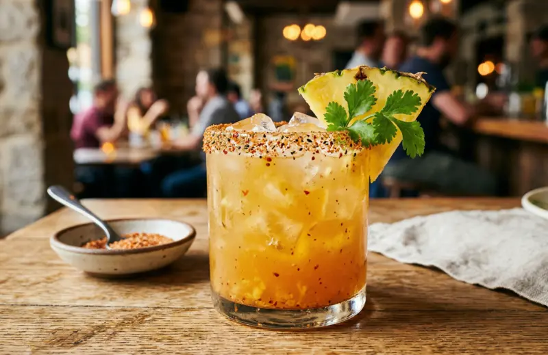 al pastor margarita con borde especiado, hielo picado, pina y cilantro sobre una mesa de madera