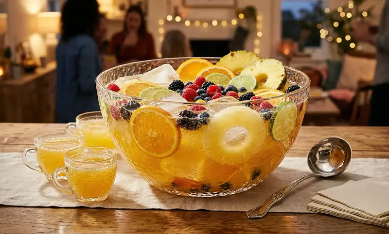 A close-up of a large cut crystal punch bowl filled with a bright yellow bubbling drink, olmeca altos plata tequila punch