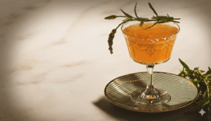 Lavender Paloma cocktail served in a coupe glass with a salted rim, garnished with a fresh lavender sprig, featuring warm citrus tones and an elegant autumn presentation.