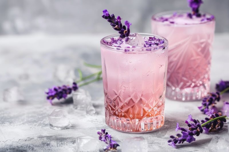 Cóctel de lavanda servido con hielo en vaso tallado, con tonos rosados y violetas, decorado con flores de lavanda fresca en una presentación delicada y refrescante.