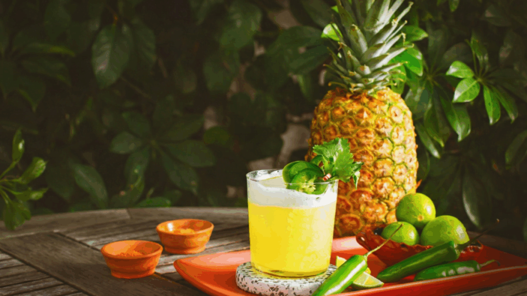 Garden Margarita cocktail served in a glass, made with tequila, fresh lime, green chili and herbs, presented on a rustic table with pineapple and limes in the background.