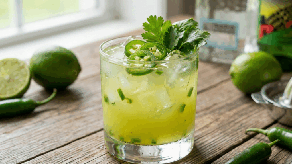 Garden Margarita cocktail served over ice in a glass, made with tequila, fresh lime juice, sliced green chili and cilantro, photographed on a rustic wooden table.