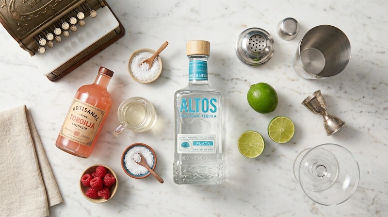 Ingredientes para margarita rosada: tequila Olmeca Altos Plata, licor de toronja, limón, jarabe simple y sal